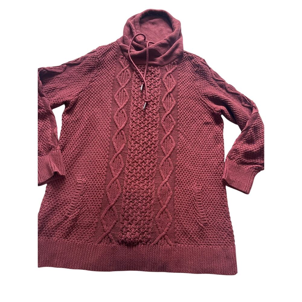 L.L. Bean Signature Fisherman Tunic Sweater XL Burgundy Cable Knit Funnel Neck